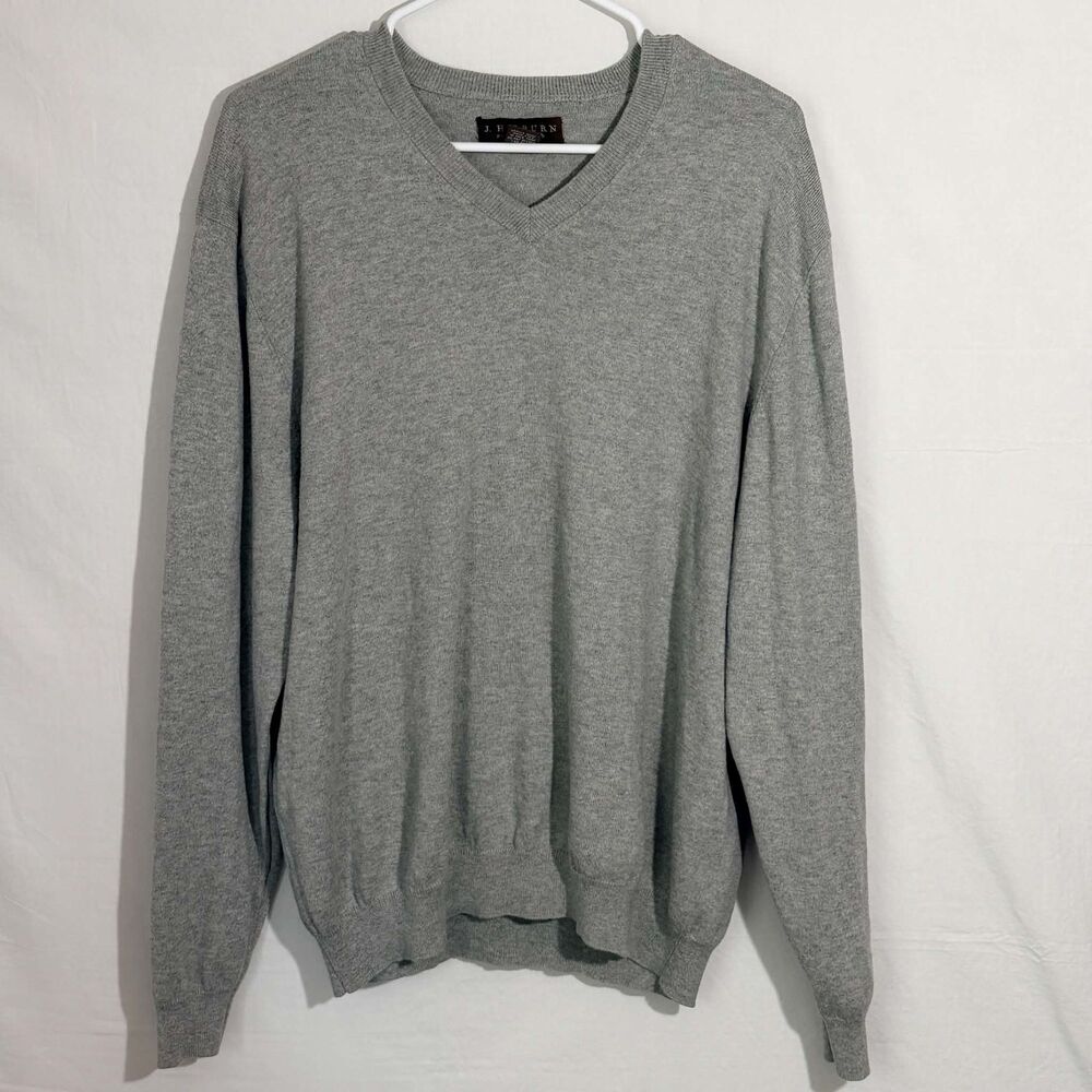 J Hilburn Mens XL Heather Gray Silk Cashmere Cotton V-Neck Pullover Sweater L